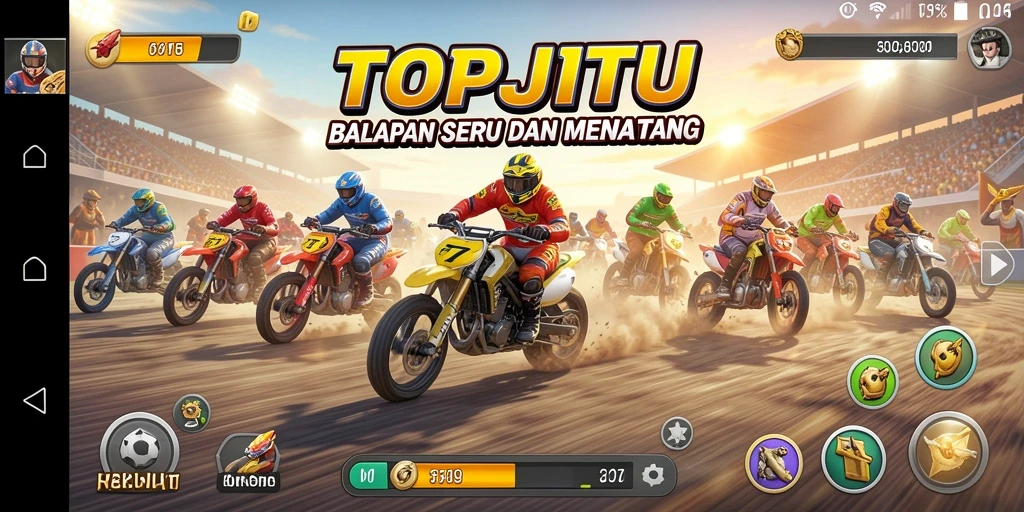 Tampilan gameplay menegangkan dan penuh aksi balapan di TOPJITU.